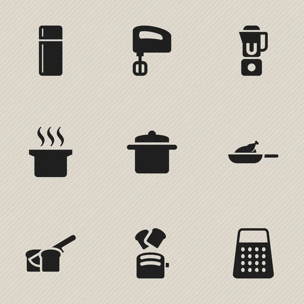 Sada 9 upravitelné Cook ikon. Obsahuje symboly nádobí, drtič, gril a další. Lze použít pro webové, mobilní, Ui a infografika Design. — Stockový vektor