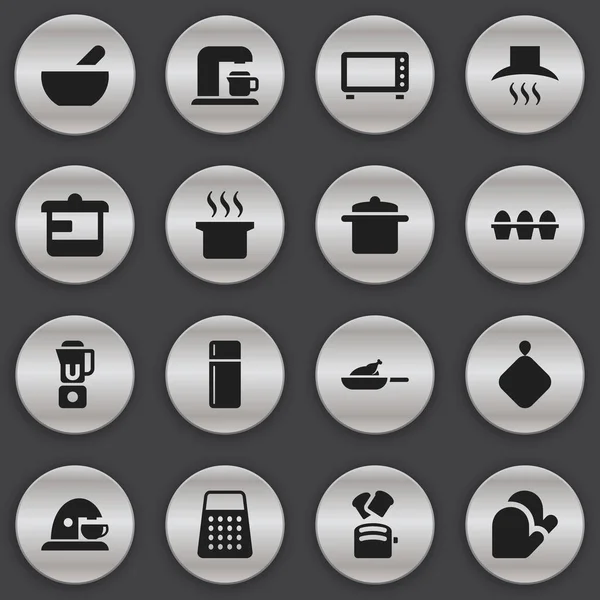 Набор из 16 столовых иконок. Включает в себя такие символы, как суп, держатель горшка, картон яйца и многое другое. Can be used for Web, Mobile, UI and Infographic Design . — стоковый вектор