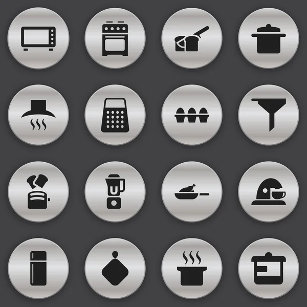 Conjunto de 16 iconos de alimentos editables. Incluye símbolos tales como mezclador de mano, refrigerador, trituradora. Puede ser utilizado para el diseño de la tela, móvil, interfaz de usuario e infografía . — Archivo Imágenes Vectoriales