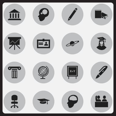 16 düzenlenebilir Üniversitesi simgeler kümesi. Kalem, kurşun kalem, Cerebrum ve daha fazlası gibi simgeler içerir. Web, mobil, UI ve Infographic tasarımı için kullanılabilir.
