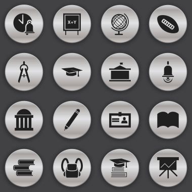 16 düzenlenebilir eğitim simgeler kümesi. Mahkeme, sözlük, eğitim ve daha fazlası gibi simgeler içerir. Web, mobil, UI ve Infographic tasarımı için kullanılabilir.