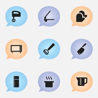 9 düzenlenebilir Cook simgeler kümesi. Karıştırıcı, buzdolabı, mutfak eldiveni ve daha fazlası gibi simgeler içerir. Web, mobil, UI ve Infographic tasarımı için kullanılabilir.