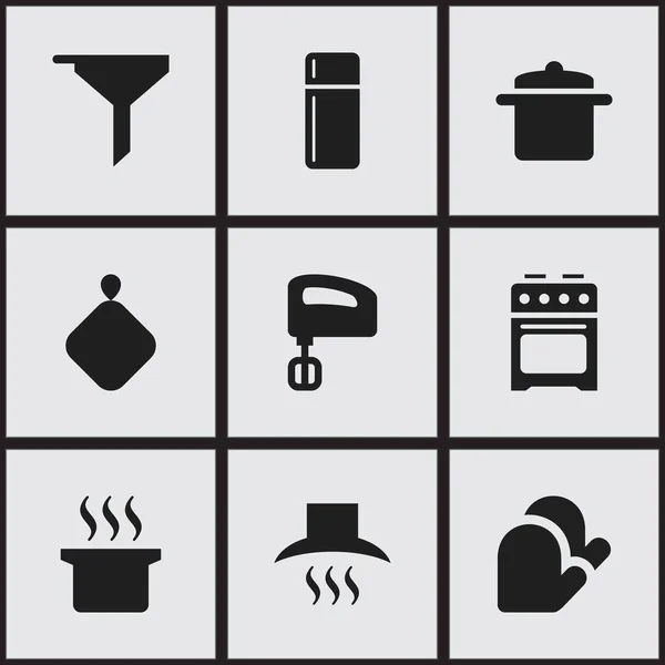 Набор из 9 столовых иконок для еды. Includes Symbols such as Cookware, Agitator, Kitchen Hood and More. Can be used for Web, Mobile, UI and Infographic Design . — стоковый вектор
