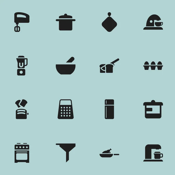 Zestaw 16 edycji ikon gotowania. Zawiera symbole, takie jak filtrowanie, mieszadła, kromka chleba i więcej. Mogą być używane dla sieci Web, mobilnych, interfejsu użytkownika i Infographic Design. — Wektor stockowy