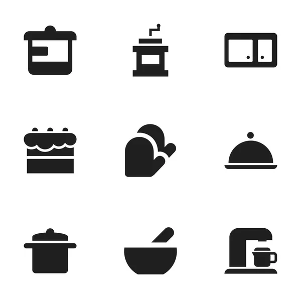 ชุดไอคอนการทําอาหารที่แก้ไขได้ 9 ชุด รวมถึงสัญลักษณ์เช่น Sideboard, ถุงมือห้องครัว, เครื่องครัวและอื่น ๆ สามารถใช้สําหรับเว็บ, มือถือ, UI และการออกแบบ infographic . — ภาพเวกเตอร์สต็อก