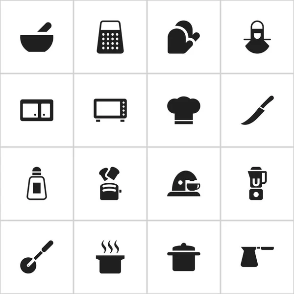 Conjunto de 16 ícones de cozinha editáveis. Inclui símbolos como Cook Cap, Saltshaker, Shredder e muito mais. Pode ser usado para Web, Mobile, UI e design infográfico . —  Vetores de Stock