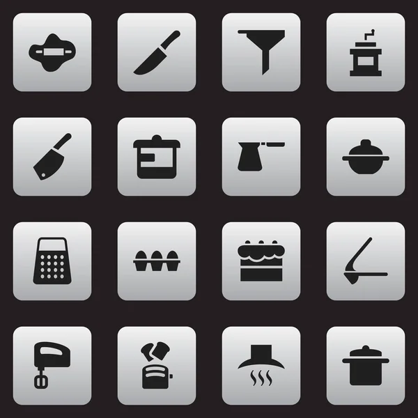 Satz von 16 editierbaren Food-Symbolen. enthält Symbole wie Brecher, Eierkarton, Kaffeekanne und mehr. kann für Web-, Mobil-, UI- und Infografik-Design verwendet werden. — Stockvektor