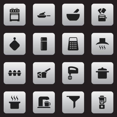 16 düzenlenebilir Cook simgeler kümesi. El gibi simgeler içerir Mikser, dilim ekmek, çorba. Web, mobil, UI ve Infographic tasarımı için kullanılabilir.
