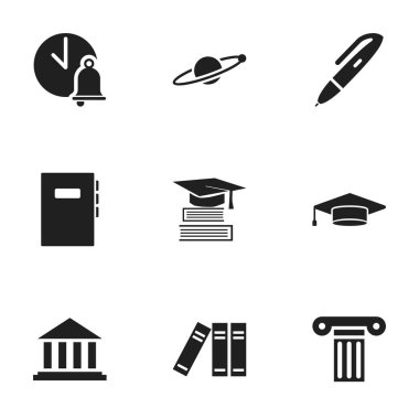 9 düzenlenebilir eğitim simgeler kümesi. Kitaplık, çalışma kitabı, yüksek lisans ve daha fazlası gibi simgeler içerir. Web, mobil, UI ve Infographic tasarımı için kullanılabilir.