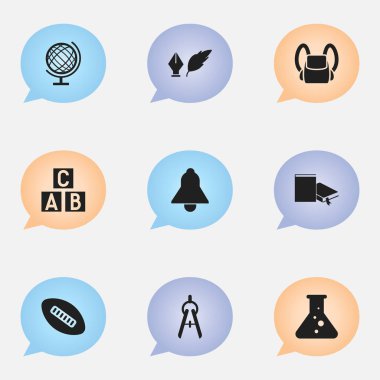 9 düzenlenebilir eğitim simgeler kümesi. Kimya, çantanı, Bell ve daha fazlası gibi simgeler içerir. Web, mobil, UI ve Infographic tasarımı için kullanılabilir.