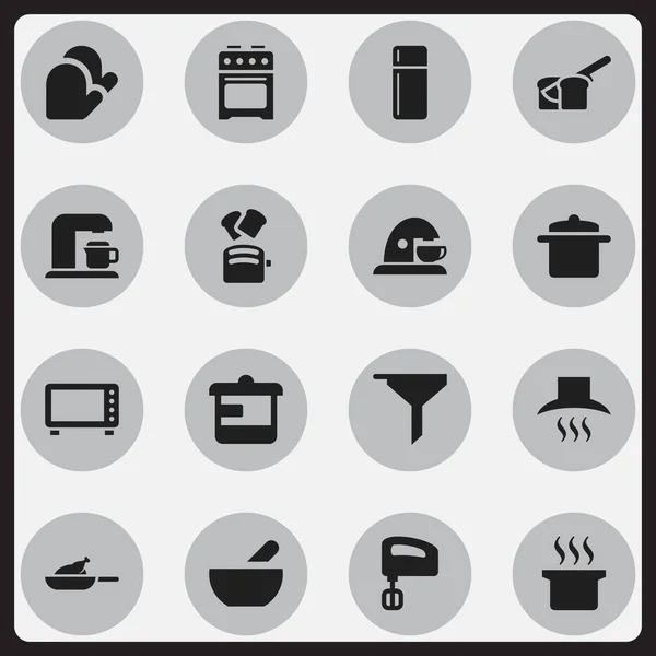 Conjunto de 16 iconos de comidas editables. Incluye símbolos como sopa, refrigerador, guante de cocina y más. Puede ser utilizado para el diseño de la tela, móvil, interfaz de usuario e infografía . — Vector de stock