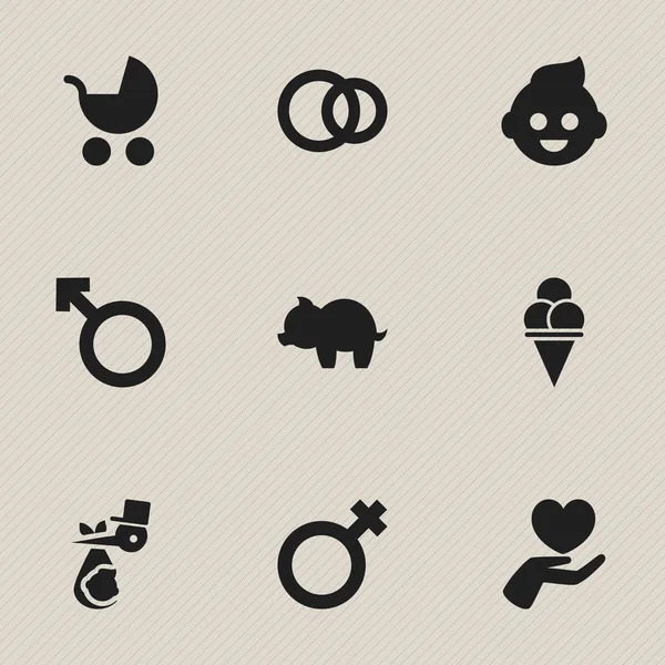 Набір з 9 значків Editable Kin. Включає в себе такі символи, як жіночий знак, Пермбатор, Дитина і багато іншого. Може використовуватися для веб, мобільного, інтерфейсу та інфографіки . — стоковий вектор