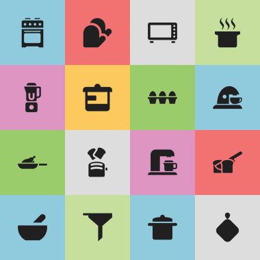 16 düzenlenebilir Cook simgeler kümesi. Sembolleri filtre uygulama gibi tencere, dilim ekmek ve daha fazlasını içerir. Web, mobil, UI ve Infographic tasarımı için kullanılabilir.