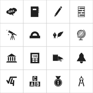 16 düzenlenebilir okul simgeler kümesi. Bell, çalışma kitabı, ilk yer ve daha fazlası gibi simgeler içerir. Web, mobil, UI ve Infographic tasarımı için kullanılabilir.