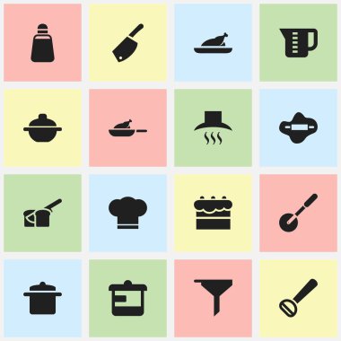 16 düzenlenebilir Cook simgeler kümesi. Gereçler, Backsword, hamur ve daha fazlası gibi simgeler içerir. Web, mobil, UI ve Infographic tasarımı için kullanılabilir.