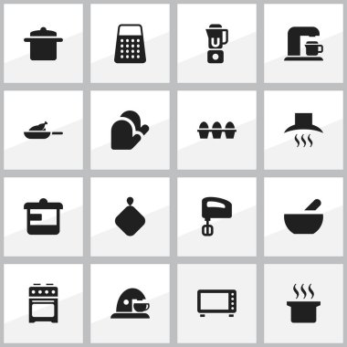 16 düzenlenebilir gıda simgeler kümesi. Yumurta karton, Çorba kazanı, el mikseri gibi simgeler içerir. Web, mobil, UI ve Infographic tasarımı için kullanılabilir.