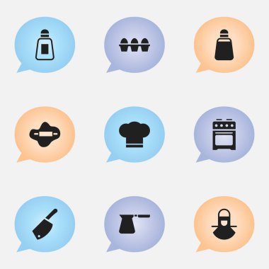 9 düzenlenebilir Cook simgeler kümesi. Tuzluk, Backsword, kahve Pot ve daha fazlası gibi simgeler içerir. Web, mobil, UI ve Infographic tasarımı için kullanılabilir.