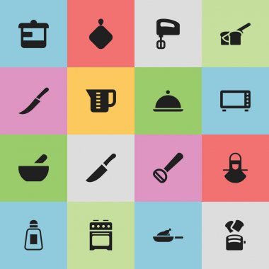 16 düzenlenebilir gıda simgeler kümesi. Ekmek, Rocker bıçak, bıçak ve daha fazlası gibi simgeler içerir. Web, mobil, UI ve Infographic tasarımı için kullanılabilir.