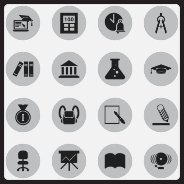 16 düzenlenebilir okul simgeler kümesi. Sözlük, Notepaper, uzaktan eğitim ve daha fazlası gibi simgeler içerir. Web, mobil, UI ve Infographic tasarımı için kullanılabilir.