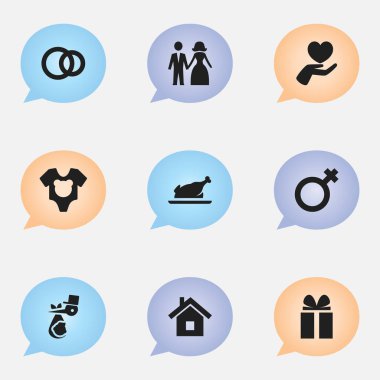 9 düzenlenebilir aile simgeler kümesi. Çocuk, evli, hediye ve daha fazlası gibi simgeler içerir. Web, mobil, UI ve Infographic tasarımı için kullanılabilir.