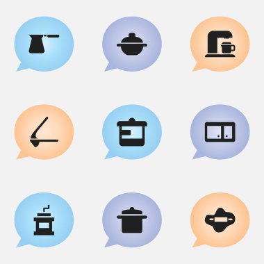 9 düzenlenebilir gıda simgeler kümesi. Gereçler, Mocha değirmeni, büfe ve daha fazlası gibi simgeler içerir. Web, mobil, UI ve Infographic tasarımı için kullanılabilir.