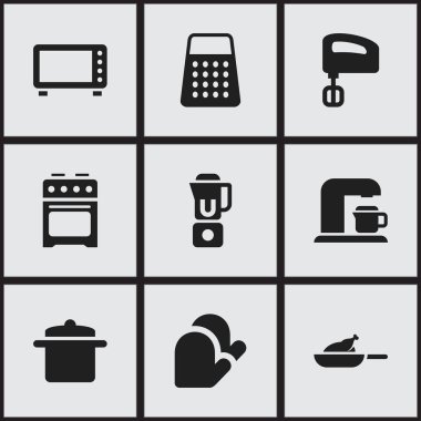 9 düzenlenebilir gıda simgeler kümesi. Mutfak eldiveni, tencere, içecek makinesi ve daha fazla gibi simgeler içerir. Web, mobil, UI ve Infographic tasarımı için kullanılabilir.
