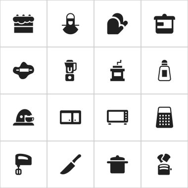 16 düzenlenebilir Cook simgeler kümesi. Büfe, bıçak, tencere ve daha fazlası gibi simgeler içerir. Web, mobil, UI ve Infographic tasarımı için kullanılabilir.