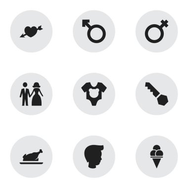 9 düzenlenebilir yakınları simgeler kümesi. Çocuk gibi simgeler Fried Chicken, kilit ve daha fazlasını içerir. Web, mobil, UI ve Infographic tasarımı için kullanılabilir.