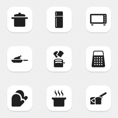 9 düzenlenebilir pişirme simgeler kümesi. Fırın, ızgara, mutfak eldiveni ve daha fazlası gibi simgeler içerir. Web, mobil, UI ve Infographic tasarımı için kullanılabilir.