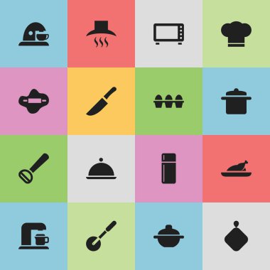 16 düzenlenebilir yemek simgeler kümesi. Tencere tutacağı, buzdolabı, kızarmış tavuk gibi simgeler ve daha fazlasını içerir. Web, mobil, UI ve Infographic tasarımı için kullanılabilir.