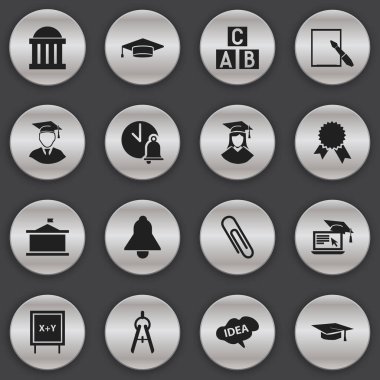 16 düzenlenebilir Üniversitesi simgeler kümesi. Notepaper, yüksek lisans, mezun olunan erkek ve daha fazlası gibi simgeler içerir. Web, mobil, UI ve Infographic tasarımı için kullanılabilir.