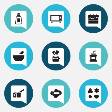 9 düzenlenebilir gıda simgeler kümesi. Tuzluk, ekmek, dilim ekmek ve daha fazla gibi simgeler içerir. Web, mobil, UI ve Infographic tasarımı için kullanılabilir.