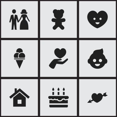 9 düzenlenebilir yakınları simgeler kümesi. Ruh, ev, soğuk tatlı ve daha fazla gibi simgeler içerir. Web, mobil, UI ve Infographic tasarımı için kullanılabilir.