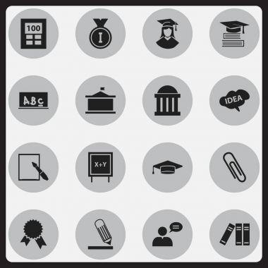 16 düzenlenebilir mezuniyet simgeler kümesi. Elyaf, zafer madalyon, mahkeme ve daha fazlası gibi simgeler içerir. Web, mobil, UI ve Infographic tasarımı için kullanılabilir.