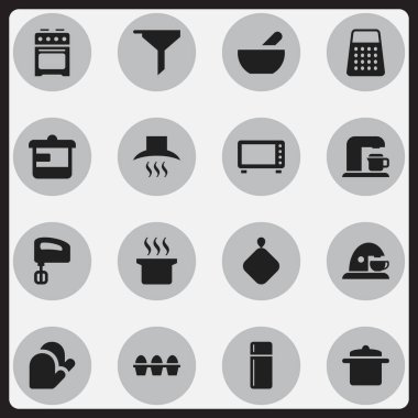 16 düzenlenebilir pişirme simgeler kümesi. İçecek makinesi, mutfak eldiveni, soba ve daha fazla gibi simgeler içerir. Web, mobil, UI ve Infographic tasarımı için kullanılabilir.