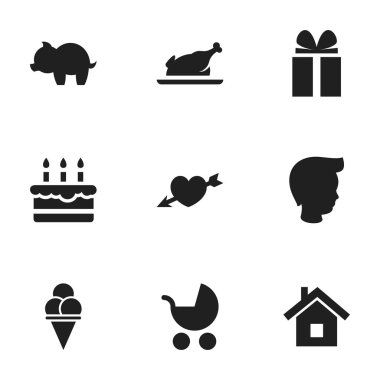 9 düzenlenebilir aile simgeler kümesi. Ev, Hediyelik, soğuk tatlı ve daha fazlası gibi simgeler içerir. Web, mobil, UI ve Infographic tasarımı için kullanılabilir.