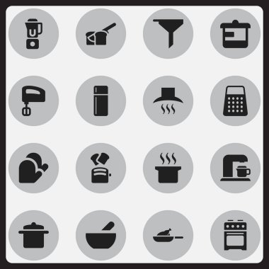 16 düzenlenebilir pişirme simgeler kümesi. Tencere, dilim ekmek, gereçler ve daha fazlası gibi simgeler içerir. Web, mobil, UI ve Infographic tasarımı için kullanılabilir.