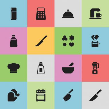 16 düzenlenebilir gıda simgeler kümesi. Shredder, Tuzluk, aşçı şapkası ve daha fazlası gibi simgeler içerir. Web, mobil, UI ve Infographic tasarımı için kullanılabilir.
