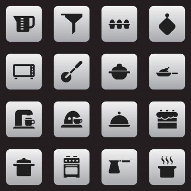 16 düzenlenebilir yemek simgeler kümesi. Bıçak Roller, soba, tencere ve daha fazlası gibi simgeler içerir. Web, mobil, UI ve Infographic tasarımı için kullanılabilir.