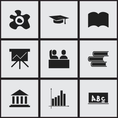9 düzenlenebilir mezuniyet simgeler kümesi. Okul yönetimi, öğrenci, omlet ve daha fazlası gibi simgeler içerir. Web, mobil, UI ve Infographic tasarımı için kullanılabilir.