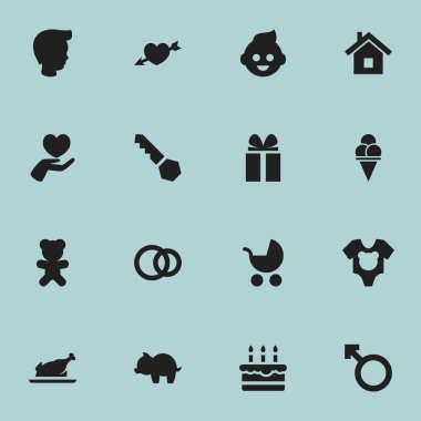 16 düzenlenebilir yakınları simgeler kümesi. Bebek, kilit, Hoop ve daha fazlası gibi simgeler içerir. Web, mobil, UI ve Infographic tasarımı için kullanılabilir.