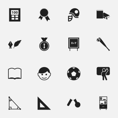 16 düzenlenebilir okul simgeler kümesi. Kask, edebiyat, ilk yer ve daha fazla gibi simgeler içerir. Web, mobil, UI ve Infographic tasarımı için kullanılabilir.