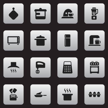 16 düzenlenebilir pişirme simgeler kümesi. Simgeleri gibi tencere, tencere tutacağı, yumurta kartonu ve daha fazlasını içerir. Web, mobil, UI ve Infographic tasarımı için kullanılabilir.