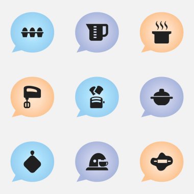 9 düzenlenebilir yemek simgeler kümesi. Yumurta kartonu, tencere, Mensural gibi simgeler içerir ve daha fazlası. Web, mobil, UI ve Infographic tasarımı için kullanılabilir.