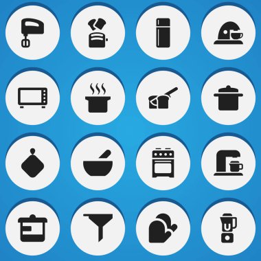16 düzenlenebilir gıda simgeler kümesi. Ocak, fırın, tencere tutacağı gibi simgeler ve daha fazlasını içerir. Web, mobil, UI ve Infographic tasarımı için kullanılabilir.