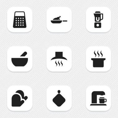 9 düzenlenebilir Cook simgeler kümesi. Mutfak Hood, Çorba kazanı, parçalayıcı ve daha fazlası gibi simgeler içerir. Web, mobil, UI ve Infographic tasarımı için kullanılabilir.