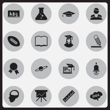 16 düzenlenebilir Üniversitesi simgeler kümesi. Alarm zili, grafik kartı, kitap ve daha fazlası gibi simgeler içerir. Web, mobil, UI ve Infographic tasarımı için kullanılabilir.
