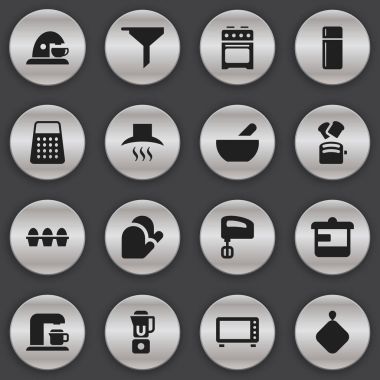 16 düzenlenebilir Cook simgeler kümesi. Yumurta kartonu, fırın, gereçler ve daha fazlası gibi simgeler içerir. Web, mobil, UI ve Infographic tasarımı için kullanılabilir.
