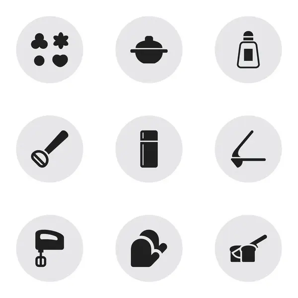 Набір з 9 значків їжі. Включає в себе такі символи, як кавоварка, соус, кухонна рукавичка та багато іншого. Може використовуватися для веб, мобільного, інтерфейсу та інфографіки . — стоковий вектор