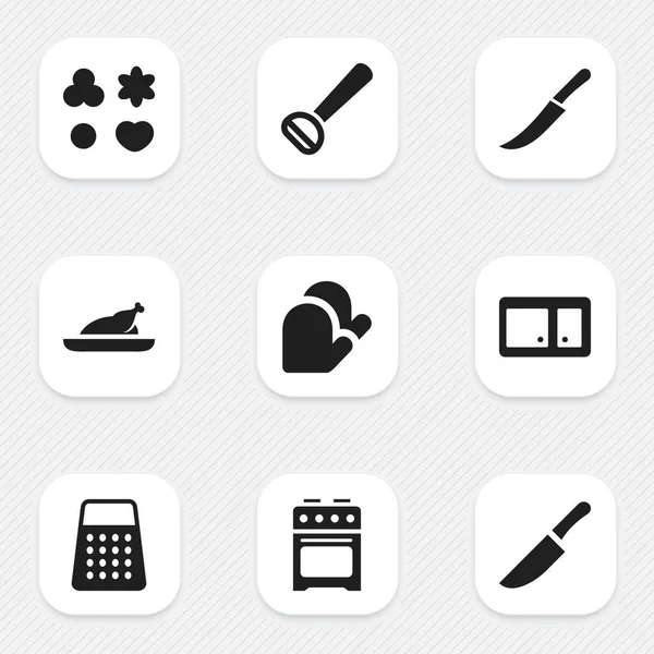 Set von 9 editierbaren Koch-Symbolen. beinhaltet Symbole wie Sideboard, Shortcake, Shredder und vieles mehr. kann für Web-, Mobil-, UI- und Infografik-Design verwendet werden. — Stockvektor